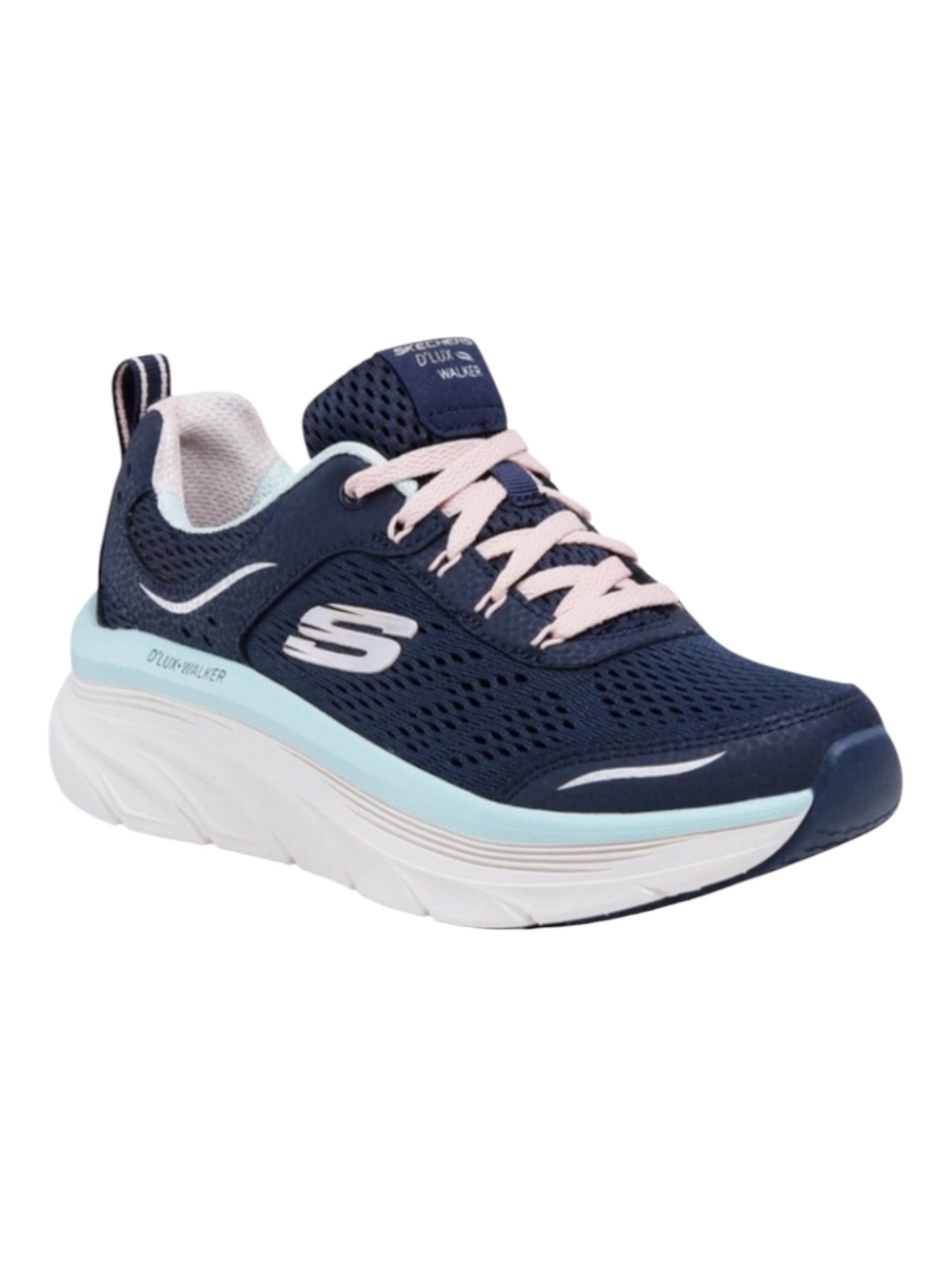 Skechers D'Lux Walker Leather Mesh Navy blue Peach Pink Tennis Shoes Women's 8.5